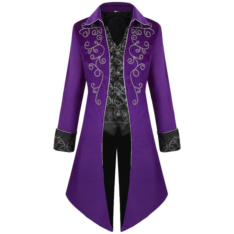 2025 Medieval Vintage Silver Trim Jacquard Men's Tuxedo, COS Prom Performance Steampunk Dress Jacket, Easter Halloween Costumes