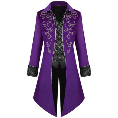 2025 Medieval Vintage Silver Trim Jacquard Men's Tuxedo, COS Prom Performance Steampunk Dress Jacket, Easter Halloween Costumes