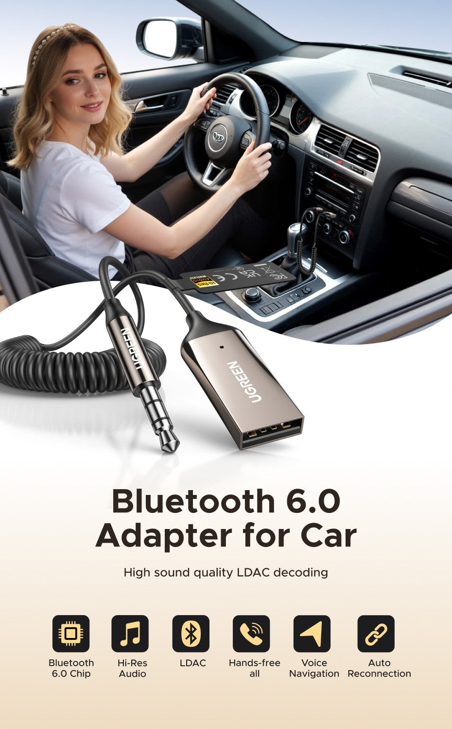 UGREEN Bluetooth 6.0 5.4  Aux Wireless Car Bluetooth USB to 3.5mm Jack Audio Mic Handsfree Adapter for Car Speaker