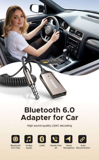 UGREEN Bluetooth 6.0 5.4  Aux Wireless Car Bluetooth USB to 3.5mm Jack Audio Mic Handsfree Adapter for Car Speaker