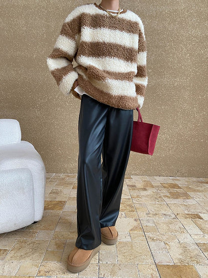 High Elastic Waist Coffee Pu Leather Long Wide Leg Pants New Trousers Women Fashion Tide Spring Autumn