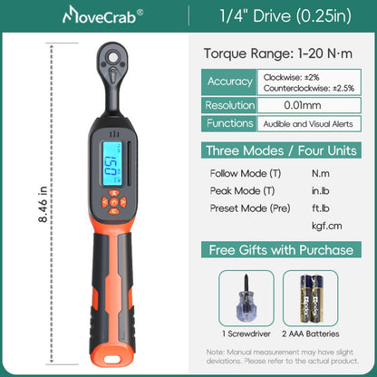 Chave de Torque Digital MOVECRAB 1.5-340 N.m com Valores Predefinidos, Precisão de 2%, Buzzer e Notificação por Flash LED