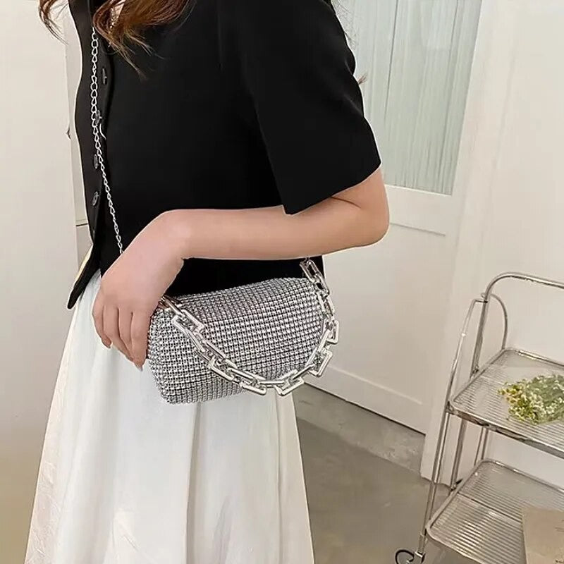 Luxury Rhinestone Bucket Bag Glitter Chain Prom Purse Women's Dinner Package Fashion Female Shoulder Bag