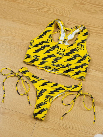 Anime Beach Girl Red Lip And Yellow Danger Warning Line Uniform Printing Bikini Swimsuit Underwear Women Outfits Cosplay Costume