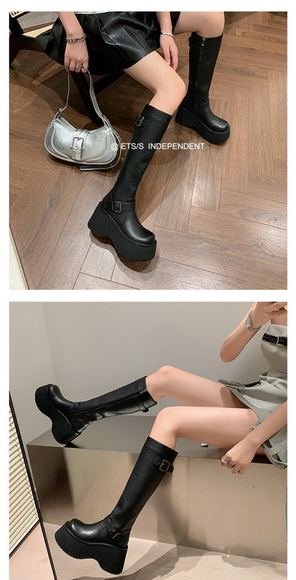 2024 Women's Shoes Basic Women's Boots Classics Knee-High Boots Women Belt Buckle Side Zip Round Toe Wedge Platform Shoes Ladies