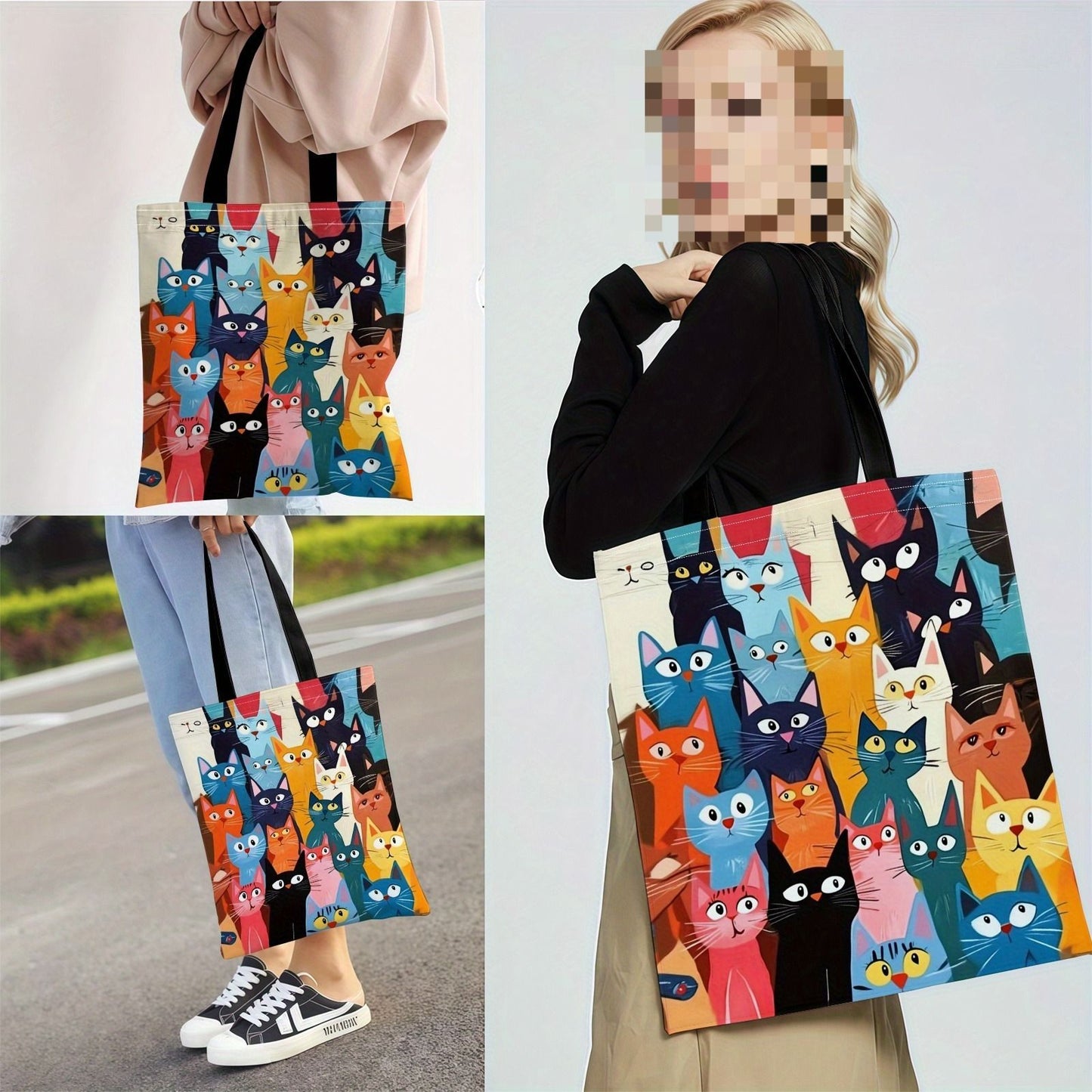 Bolsa Casual Estampada Gatinho Colorido, Mochila Reutilizável da Moda, Bolsa Multifuncional, Sacola de Compras Estampada 40x40cm