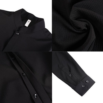 Men Standing Collar Shirt Long Sleeved 2024 Autumn British Style Solid Casual Hidden Button Elastic Slim Fit Formal Dress Shirt