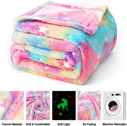 Manta de Flanela de Dinossauro Unicórnio Luminoso para Meninas e Meninos Que Brilha no Escuro Macia para Árvore de Natal
