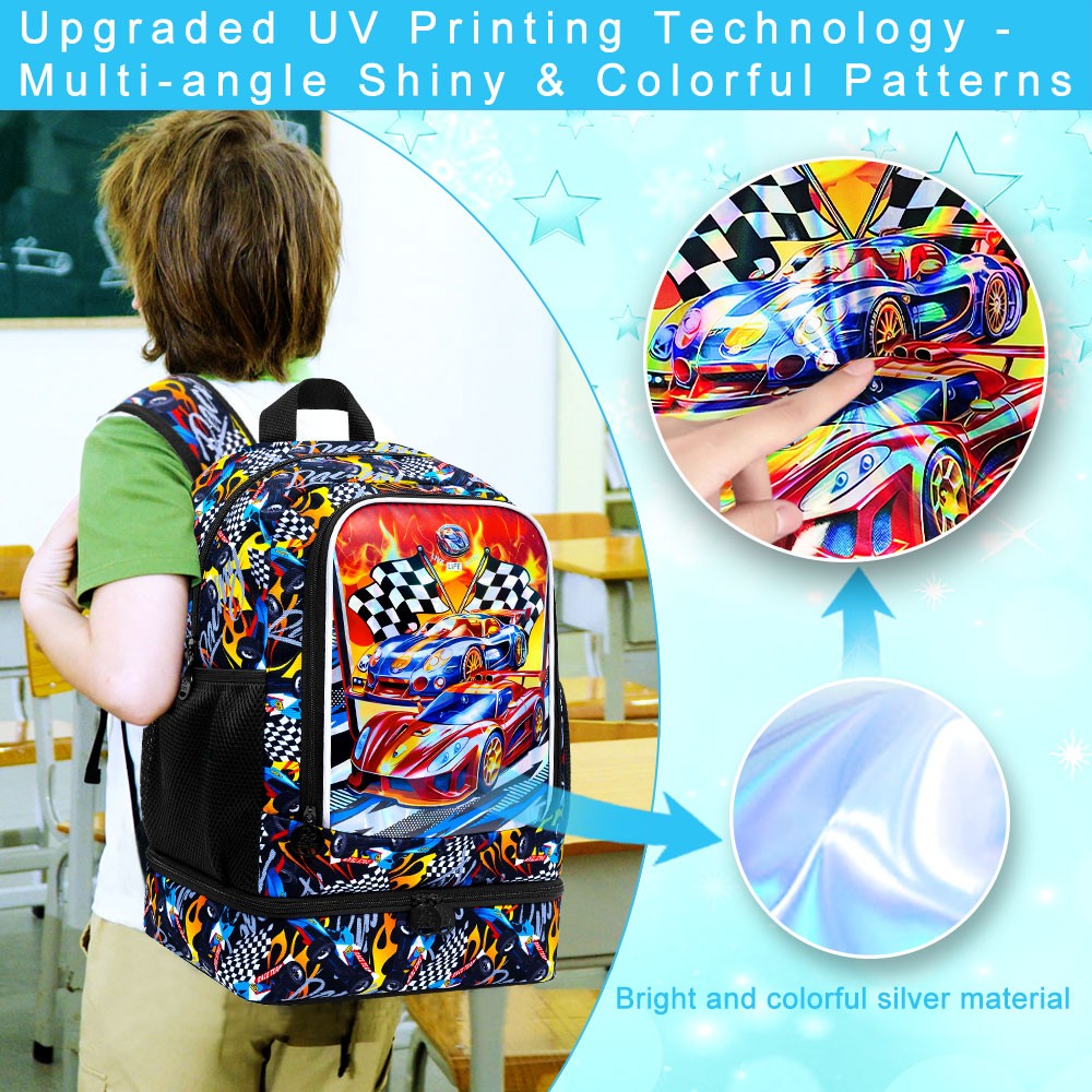 Mochila 2 em 1 de Carro de Corrida para Meninos, Mochila Escolar Infantil de 17 polegadas com Lancheira Térmica, Mochilas Escolares para Ensino Fundamental e Pré-escola