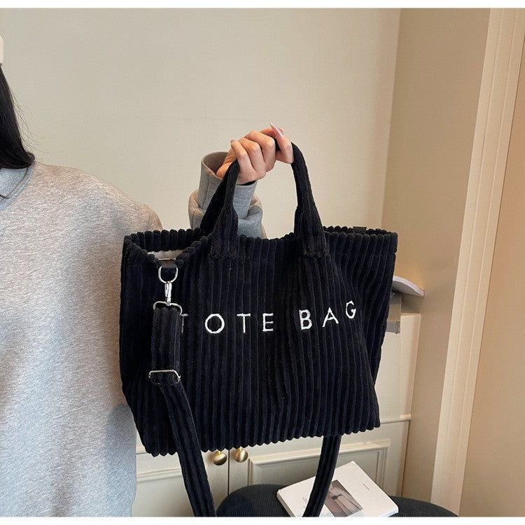 Large Capacity Striped Velvet Handbag Shoulder Bag for Woman Handbags Crossbody Bags, Versatile Letter Corduroy Women's Tote Bag