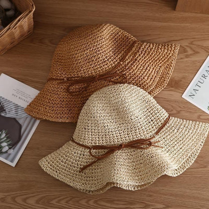 Holiday Sle Beach Fisherman Hat Seaside Sun Protection Sun Hat Large Brim Bow Woven Straw Hat Women Panama Chapeau Korean
