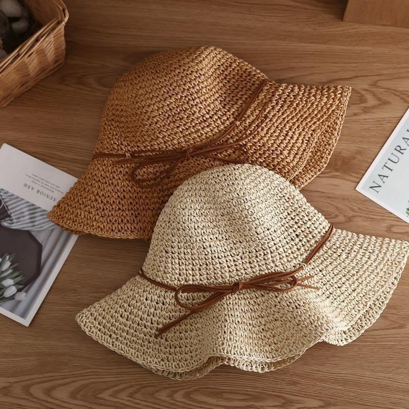 Holiday Sle Beach Fisherman Hat Seaside Sun Protection Sun Hat Large Brim Bow Woven Straw Hat Women Panama Chapeau Korean