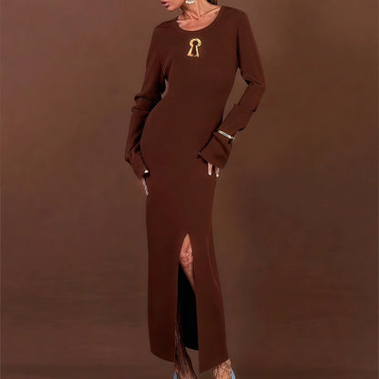 2025 Winter Women's Long Sleeve Knitted Stretch Hollow Corset Long Dress Y2K Clothing New Fashion High-Quality Party Dress bra