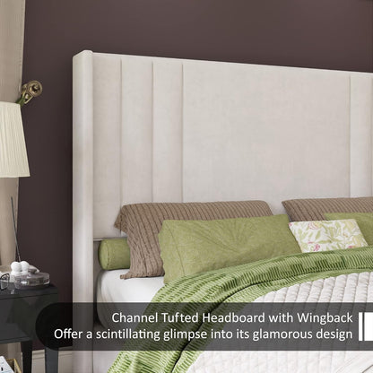 Cama Queen Size, Plataforma Estofada em Veludo com Cabeceira e Peseira Tuftadas em Canais Verticais/Wingback, Colchão N
