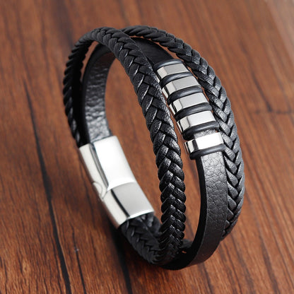Pulseira de corda trançada charmosa para homens, fecho magnético de aço inoxidável, pulseiras e braceletes de couro legítimo, joias masculinas e femininas