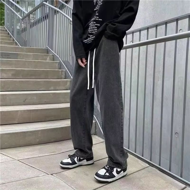Calça Jeans Masculina Coreana Versão Estudantil Casual Calça Reta Solta Perna Larga Jeans Preto Cinza Azul Jeans Baggy