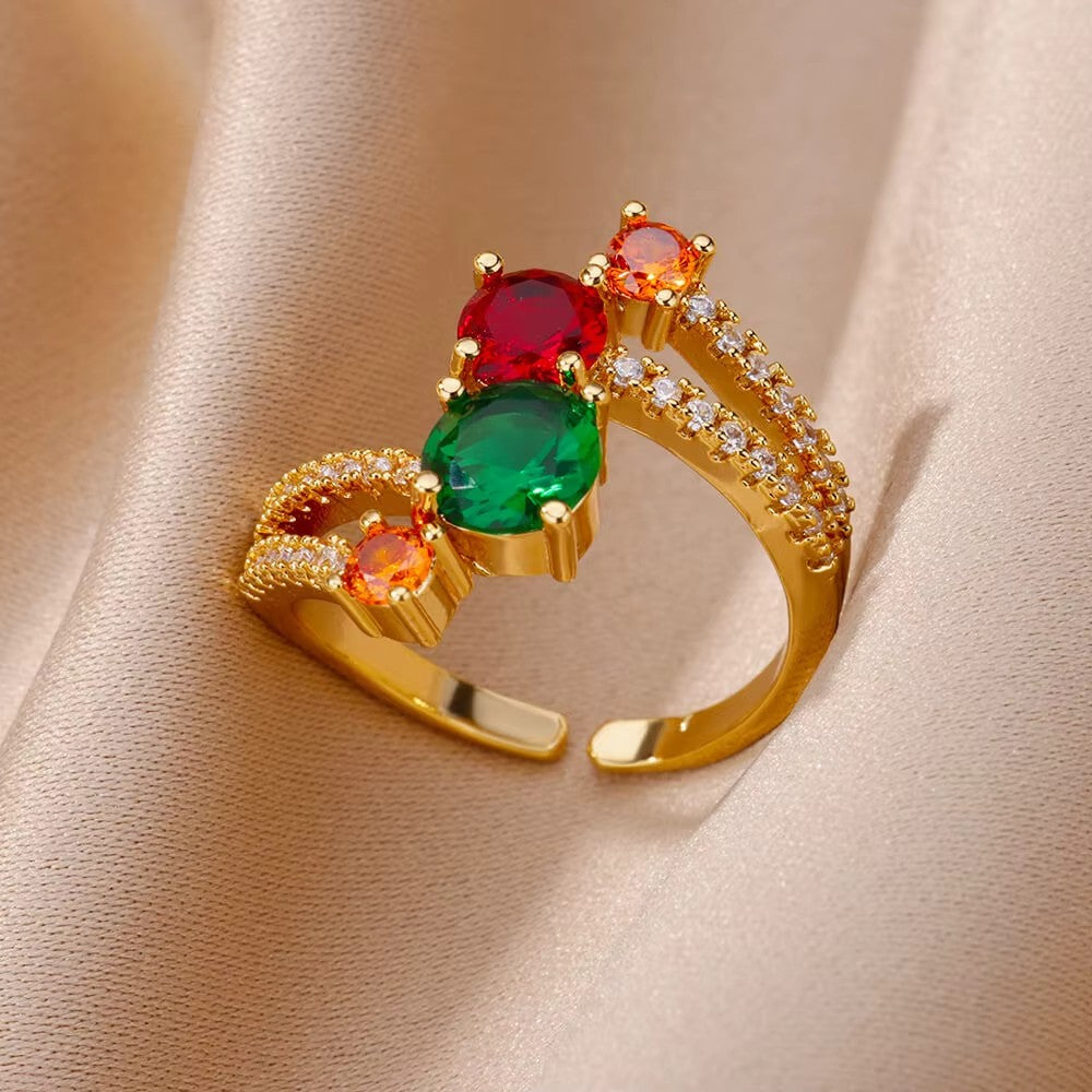 Anéis de Luxo em Aço Inoxidável Banhado a Ouro Pedra Colorida Zircônia Cristal Coração Anel Feminino Casamento Joias Boho Presente de Natal