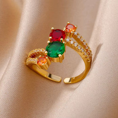 Anéis de Luxo em Aço Inoxidável Banhado a Ouro Pedra Colorida Zircônia Cristal Coração Anel Feminino Casamento Joias Boho Presente de Natal