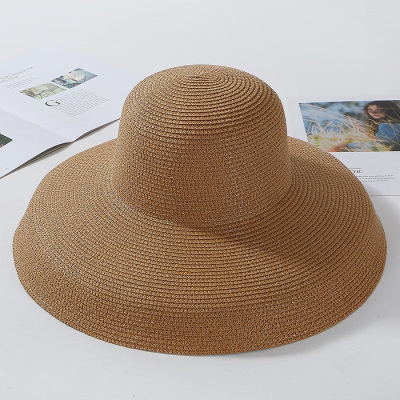 2023 New Summer Sun Hats Ladies Solid Plain Elegant Wide Brim Hat Female Round Top Panama Floppy Straw Beach Hat Women ????