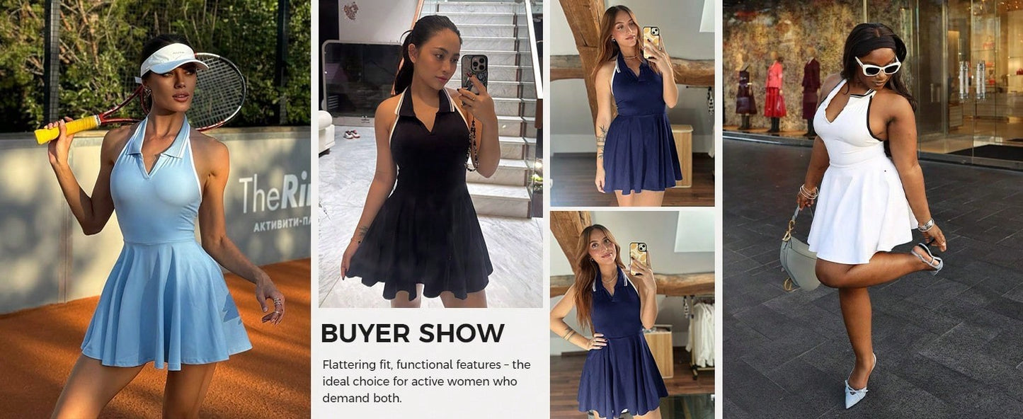 Fisoow Women's Tennis Skirt with Built in Shorts and Bra, Summer Backless Hanging Neck V-neck Yoga Golf Exercise Mini Dress