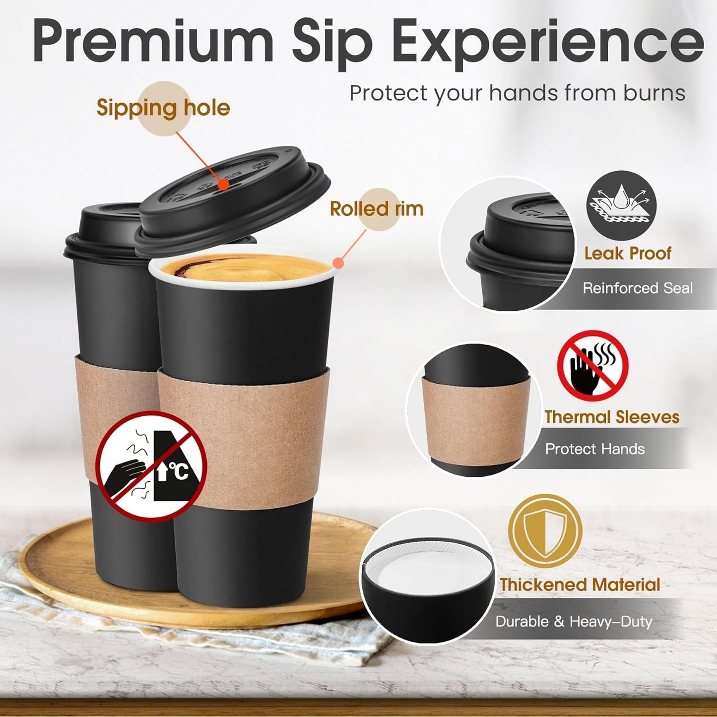 100 Copos de Café Descartáveis de 20 oz com Tampas e Luvas, Copos de Viagem Pretos Isolados e à Prova de Vazamento para Cafeterias, R