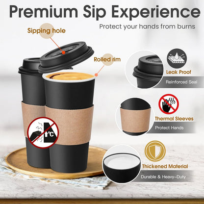 100 Copos de Café Descartáveis de 20 oz com Tampas e Luvas, Copos de Viagem Pretos Isolados e à Prova de Vazamento para Cafeterias, R