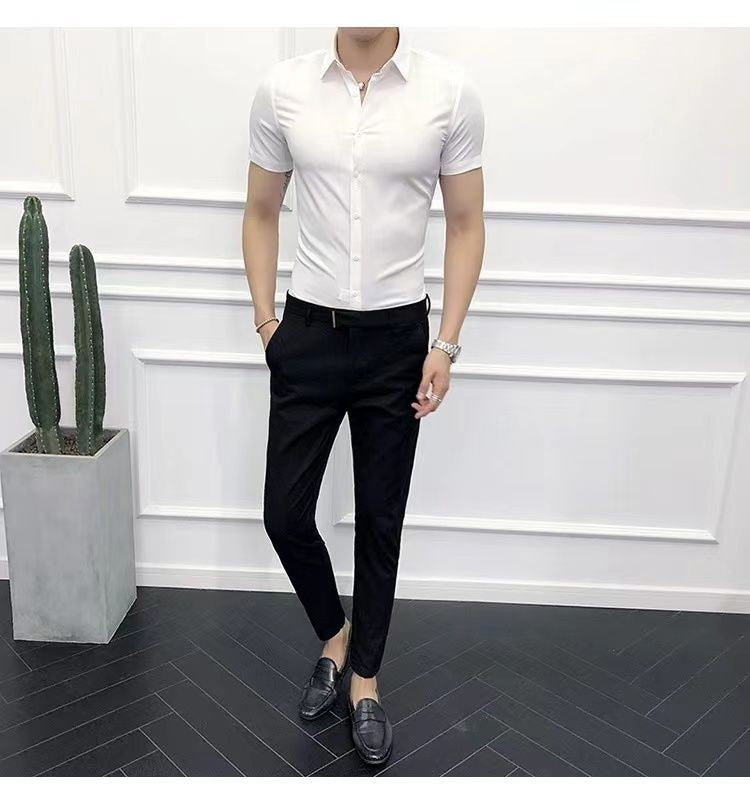 Korean Fashion Trend Casual Elastic Design Sense Short Sleeve Shirt Men's Solid Lapel Collar Button Breathable Simple Slim Tops
