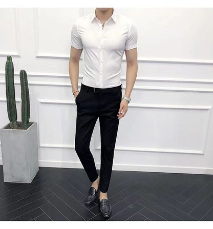 Korean Fashion Trend Casual Elastic Design Sense Short Sleeve Shirt Men's Solid Lapel Collar Button Breathable Simple Slim Tops