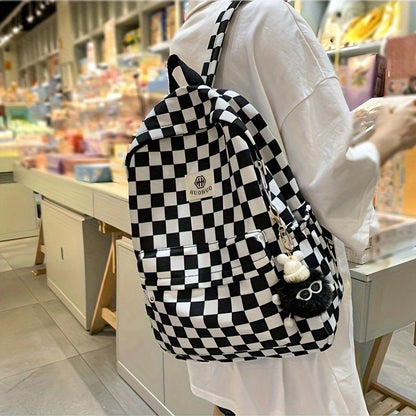 Mochila de lazer coreana com design xadrez de cores contrastantes, mochila diária do mesmo estilo, mochila casual simples para ensino médio e fundamental