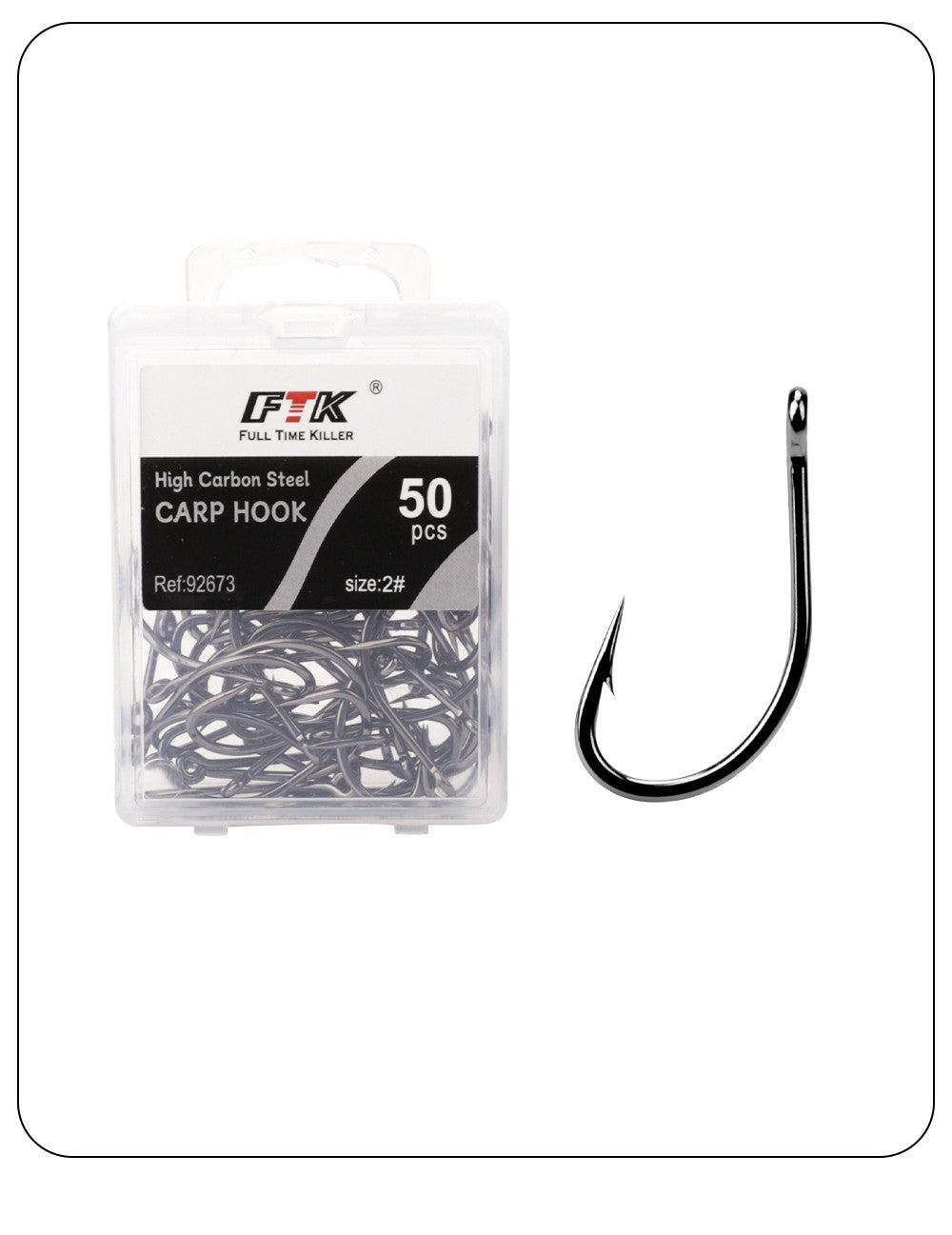 FTK 50 Unidades/Caixa Anzol de Pesca com Mosca de Aço de Alto Carbono Anzol Afiado com Farpa Anzol Curvo com Abertura Larga Reforçado para Pesca de Carpa em Córregos