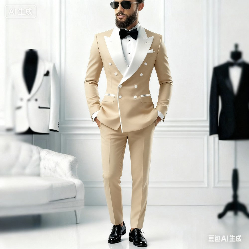 Men's 2-Piece Casual Smalking Set with White Lapel Blazer And Black Pants Wedding Groomsmen Suit for Ceremony And Festa