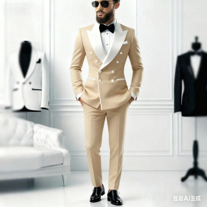 Men's 2-Piece Casual Smalking Set with White Lapel Blazer And Black Pants Wedding Groomsmen Suit for Ceremony And Festa