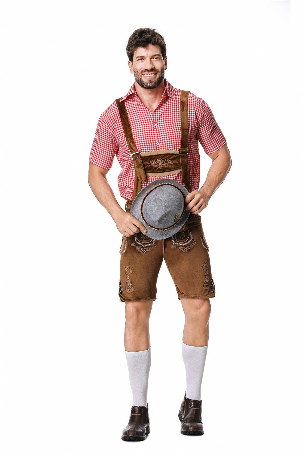 Male Oktoberfest Lederhosen Costume Bavarian Octoberfest German Beer Costume Shirt Suspender Shorts Hat Cosplay Costumes