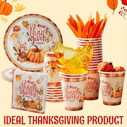 175 PCS Thanksgiving Disposable Paper Plates Paper Gold Disposable Dinnerware Set for Fall Harvest Thanksgiving Parties Ideal f