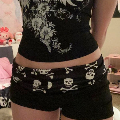 Summer Dark Skull Printing Shorts Casual Fashion Y2K Sexy Slim Versatile Streetwear Low Waist Solid Color American Women Clothes