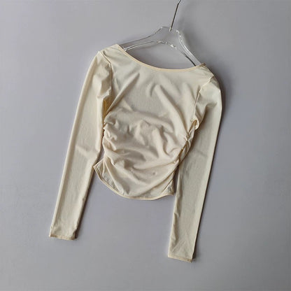 Quick Drying Yoga Sports Top V-Neck Cross Waist Mesh Breathable Fitness Long Sleeve Cover up for Women