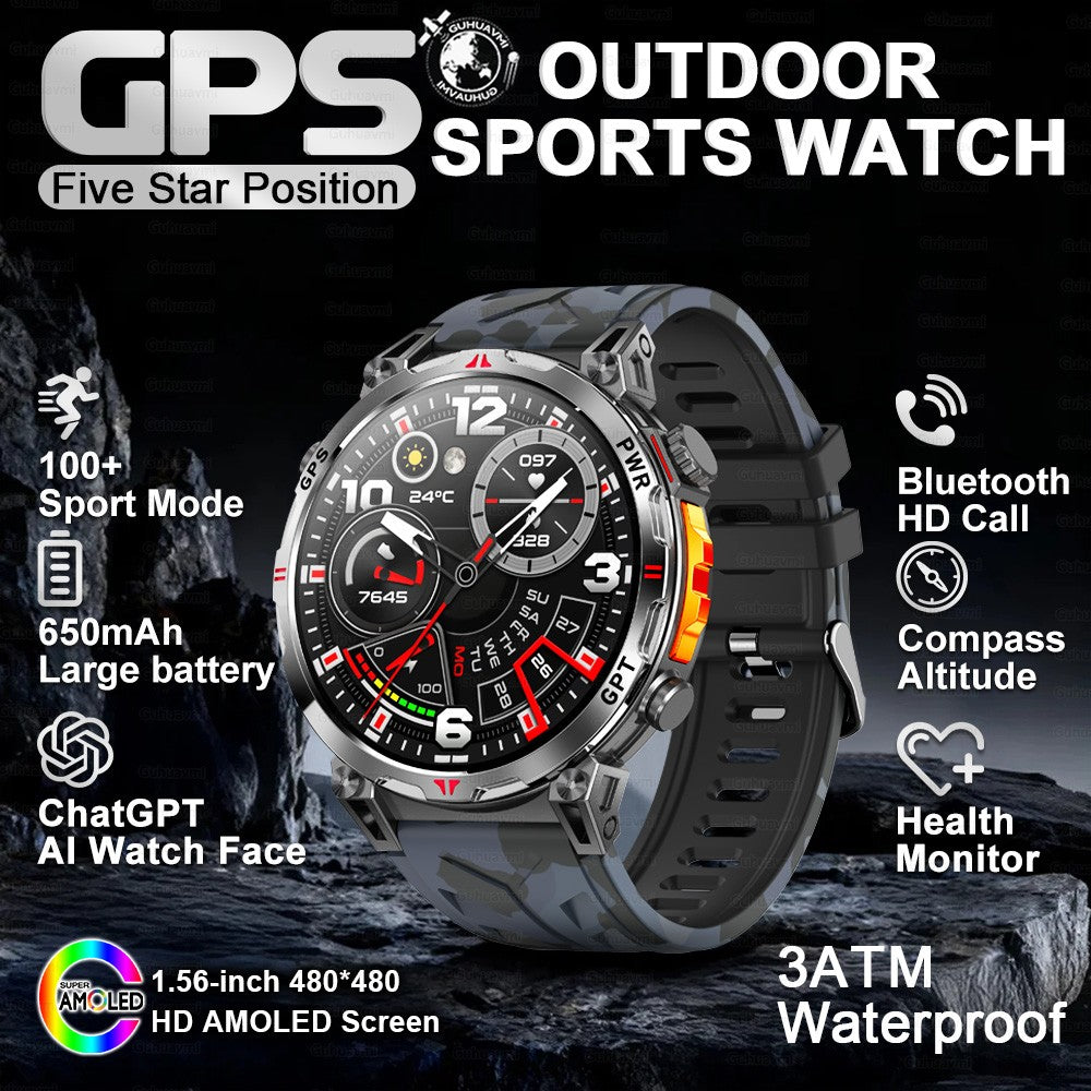 2025 Novo Relógio Inteligente Militar GPS para Exteriores Masculino 650mAh Bússola Altímetro 10ATM à Prova D'água Frequência Cardíaca Chamada Esportiva Smartwatch