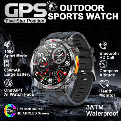 2025 Novo Relógio Inteligente Militar GPS para Exteriores Masculino 650mAh Bússola Altímetro 10ATM à Prova D'água Frequência Cardíaca Chamada Esportiva Smartwatch
