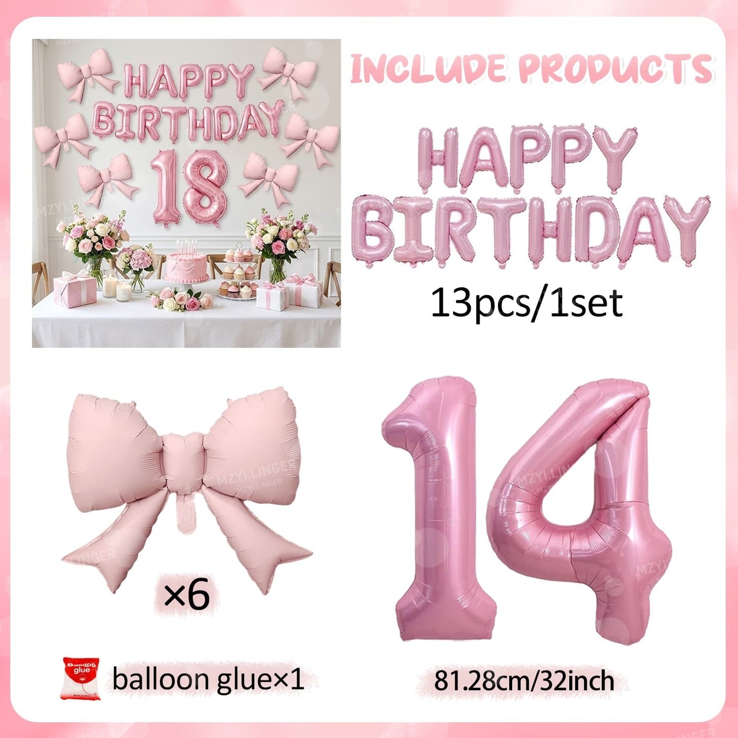 Pink Bow Birthday Balloon Happy Birthday Letter Balloon Used for Wedding, Valentine's Day, Birthday, Proposal Decoration Decor