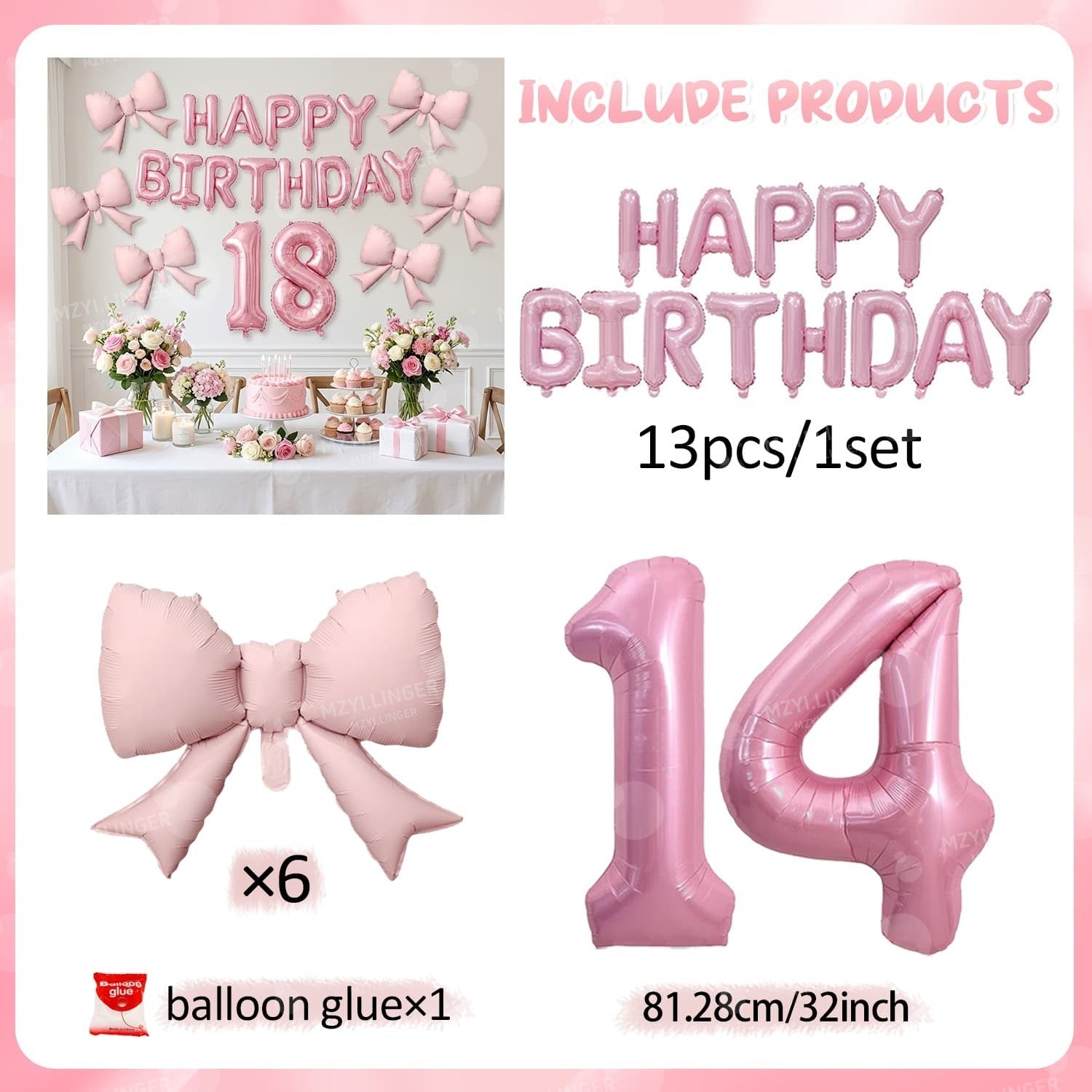 Pink Bow Birthday Balloon Happy Birthday Letter Balloon Used for Wedding, Valentine's Day, Birthday, Proposal Decoration Decor