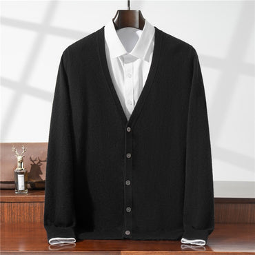 New Simple Button-Up Long Sleeve 100% Wool Cardigan Men's V-Neck Autumn Winter Versatile Commuter Sweater Knitted Jacket