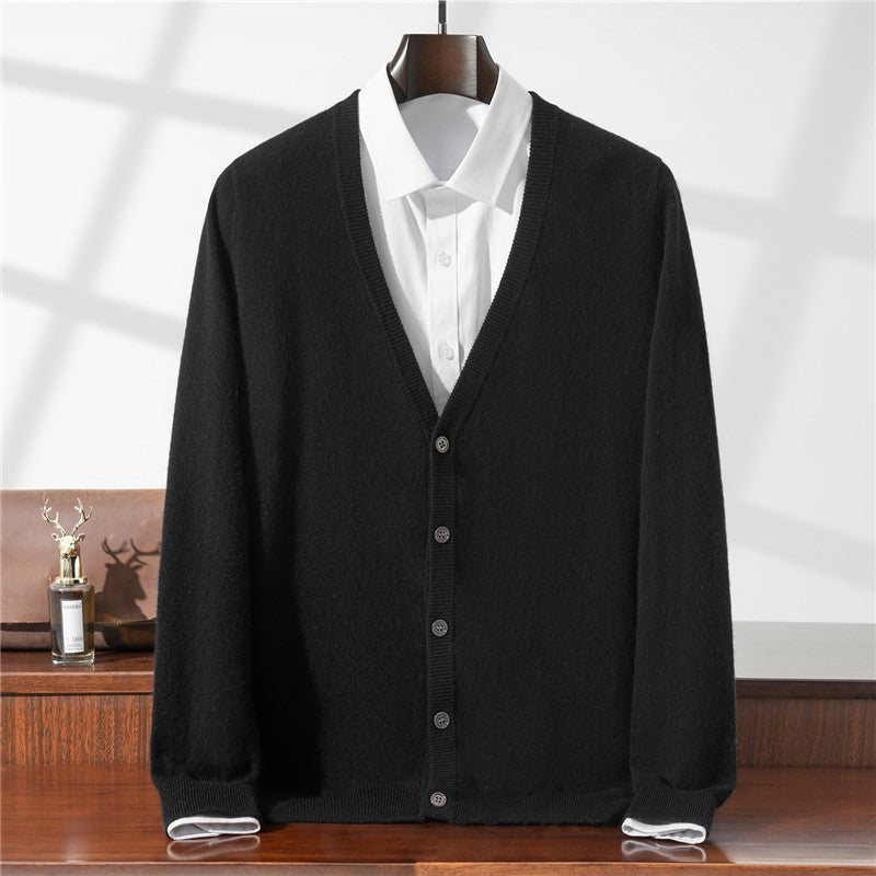 New Simple Button-Up Long Sleeve 100% Wool Cardigan Men's V-Neck Autumn Winter Versatile Commuter Sweater Knitted Jacket