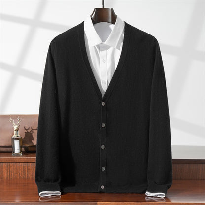 New Simple Button-Up Long Sleeve 100% Wool Cardigan Men's V-Neck Autumn Winter Versatile Commuter Sweater Knitted Jacket