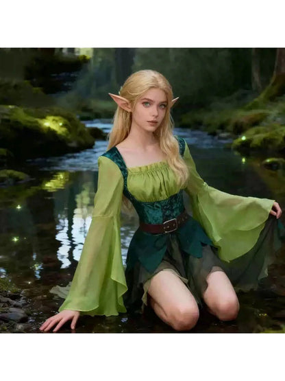 Women's Elf Medieval Green Fairy Dress Magical Elf Dress and Belt with Wings Halloween Cosplay Costumes Elf Cosplay costume