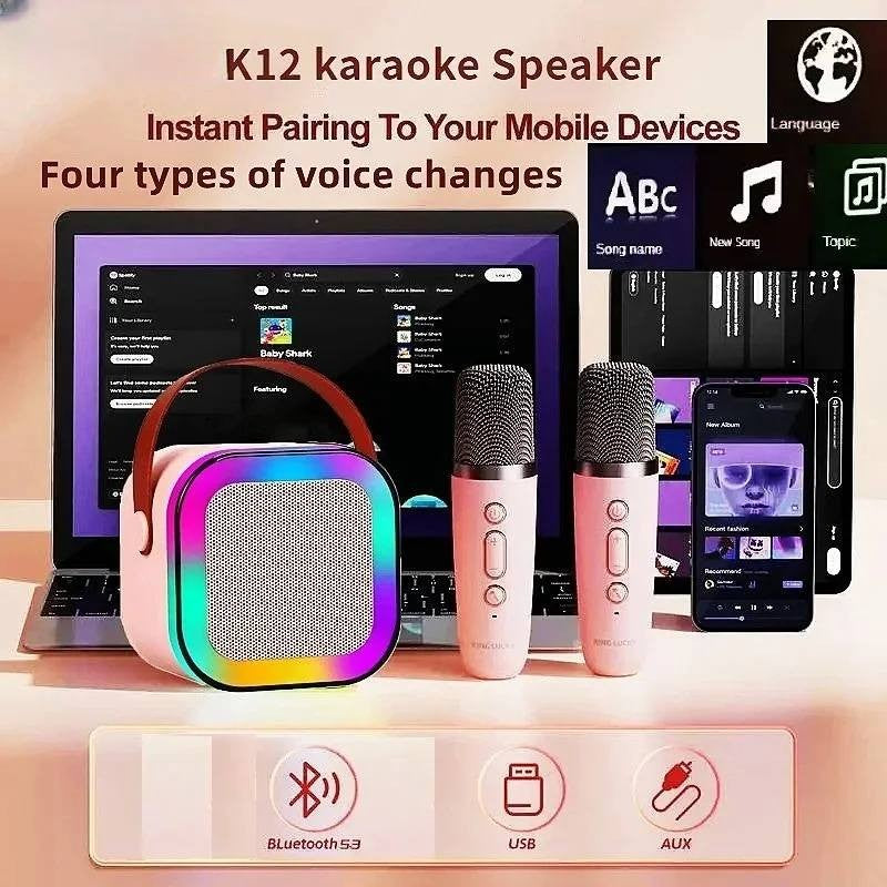 Caixa de Som Bluetooth Sem Fio K12 com 2 Microfones RGB Portátil Karaokê para Cantar em Família Presente para Crianças