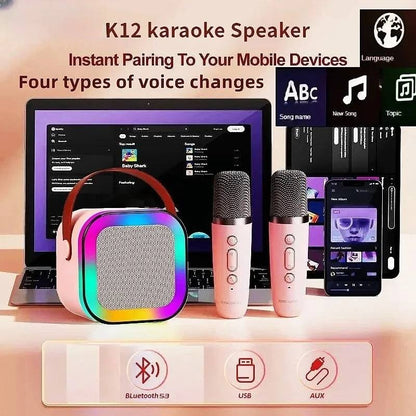 Caixa de Som Bluetooth Sem Fio K12 com 2 Microfones RGB Portátil Karaokê para Cantar em Família Presente para Crianças