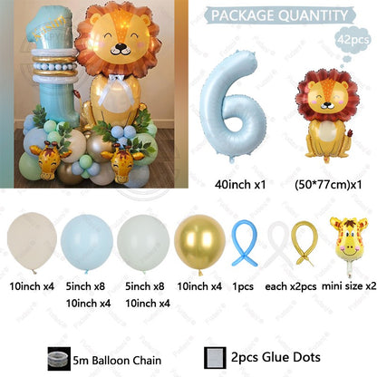 42pcs Mini Giraffe Sitting Lion Balloon 40 inch Baby Blue Number 1-9 Birthday Balloon Set Jungle Animal Theme Party Decoration