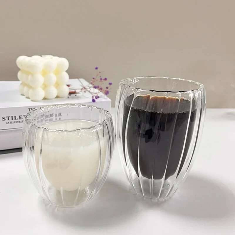 Lançamento 2025: Copo de Vidro Ondulado com Parede Dupla 350/450ml para Café, Chá, Leite, Suco, Cerveja e Água - Resistente ao Calor