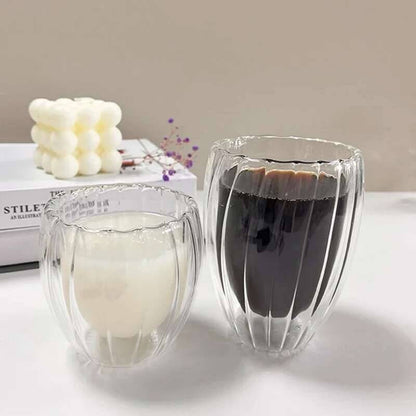 Lançamento 2025: Copo de Vidro Ondulado com Parede Dupla 350/450ml para Café, Chá, Leite, Suco, Cerveja e Água - Resistente ao Calor