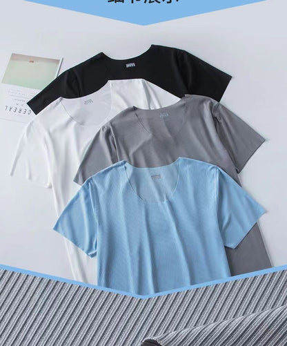 Large Size Men Pajamas Set Ice Silk Sense Round Neck Solid Colour Short Sleeve T-Shirt Student Short Sleeve Shorts Two-Piece Set